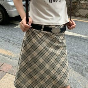 Y2K Grunge Plaid A-line Midi Skirt - Retro 90s Fashion, Summer Y2K Outfits