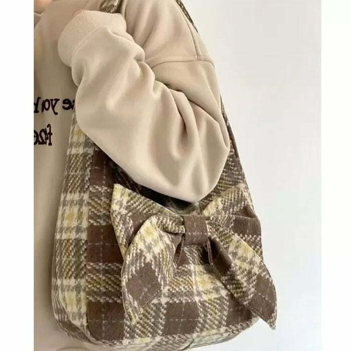 Y2K Grunge Plaid Bow Handbag - Retro 90s Fashion, Summer Y2K Outfits, Past