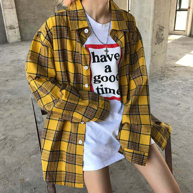 Y2K Grunge Plaid Check Shirt - 90s Fashion, Retro Style, Summer Y2K Outfits