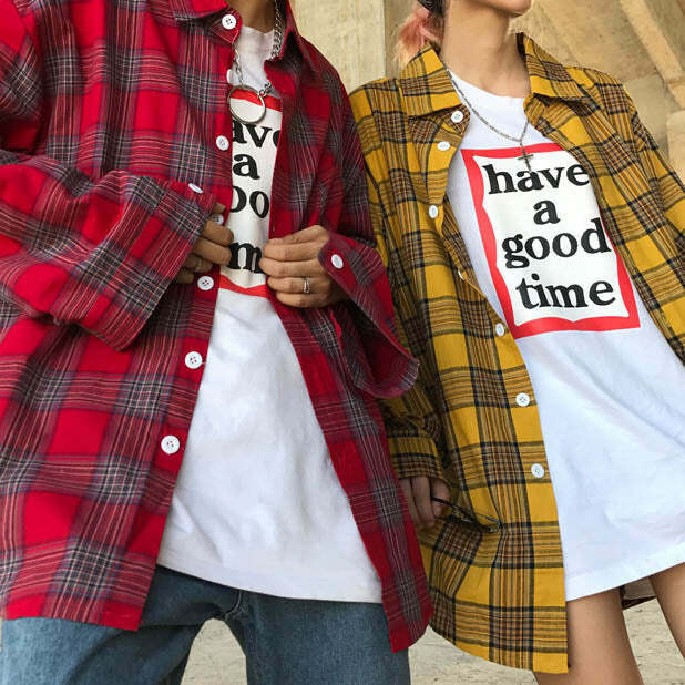 Y2K Grunge Plaid Check Shirt - 90s Fashion, Retro Style, Summer Y2K Outfits