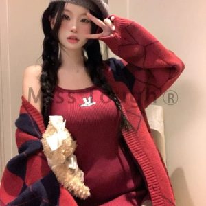 Y2K Grunge Plaid Coat & Rabbit Dress Set - 90s Retro Summer Outfit for Women