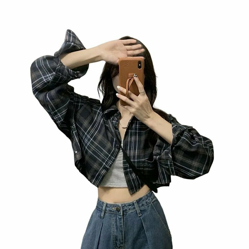 Y2K Grunge Plaid Crop Blouse - Retro 90s Summer Outfit, Pastel Goth, Y2K