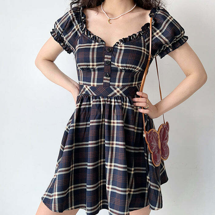 Y2K Grunge Plaid Dress - Retro 90s Summer Outfit, Preppy Aesthetic, Y2K Party