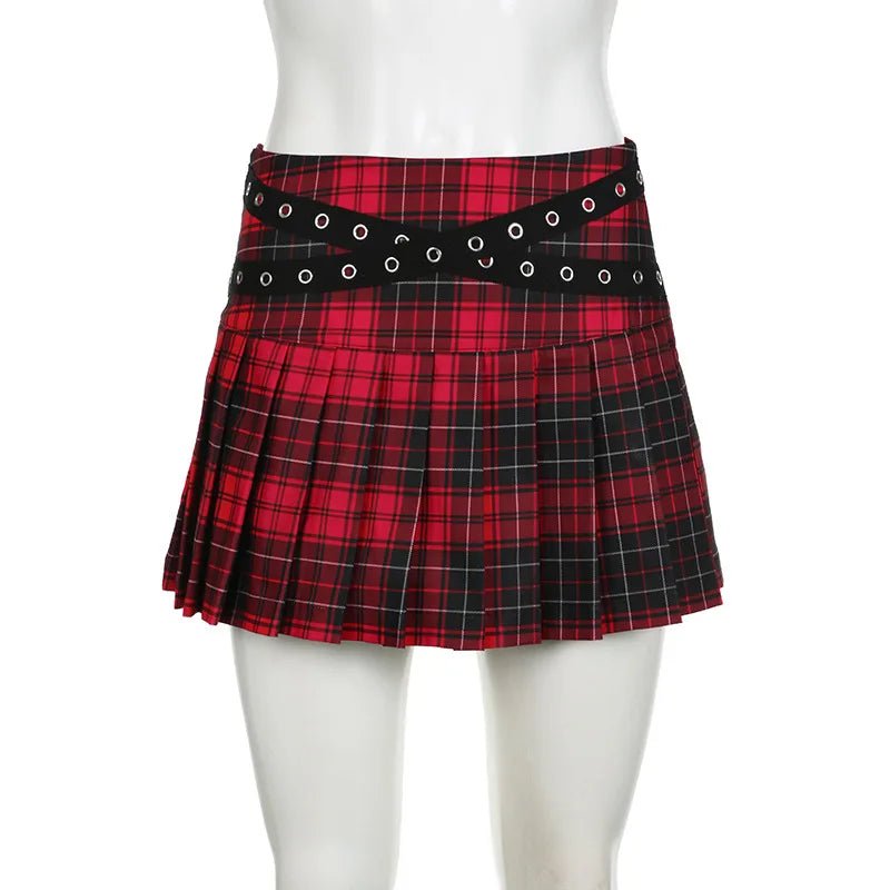 Y2K Grunge Plaid Eyelet Strap Mini Skirt - 90s Retro Summer Outfit, Gothic Y2K