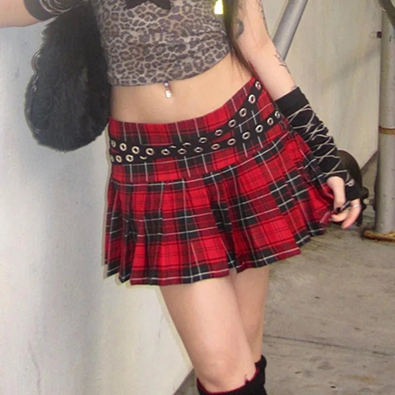 Y2K Grunge Plaid Eyelet Strap Mini Skirt - 90s Retro Summer Outfit, Gothic Y2K