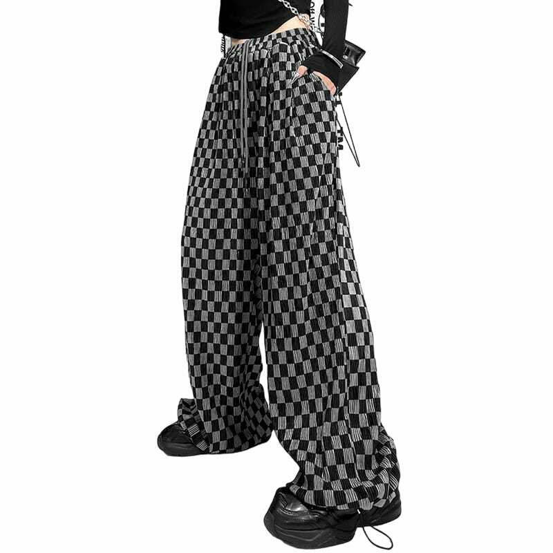 Y2K Grunge Plaid High Waist Wide Leg Pants - Retro 90s Summer Outfit, Pastel Goth Style