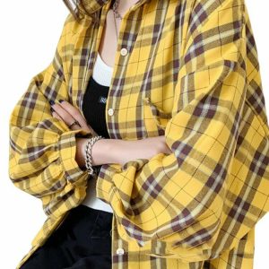 Y2K Grunge Plaid Oversize Loose Shirt - 90s Retro Summer Outfit, Y2K Fashion Essential