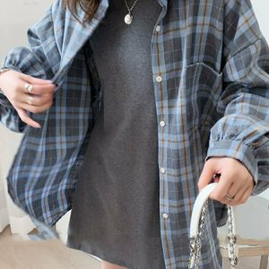 Y2K Grunge Plaid Oversize Loose Shirt - 90s Retro Summer Outfit, Y2K Fashion Essential