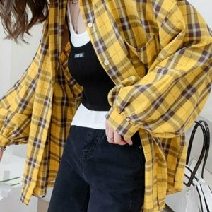 Y2K Grunge Plaid Oversize Loose Shirt - 90s Retro Summer Outfit, Y2K Fashion Essential