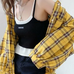 Y2K Grunge Plaid Oversize Loose Shirt - 90s Retro Summer Outfit, Y2K Fashion Essential