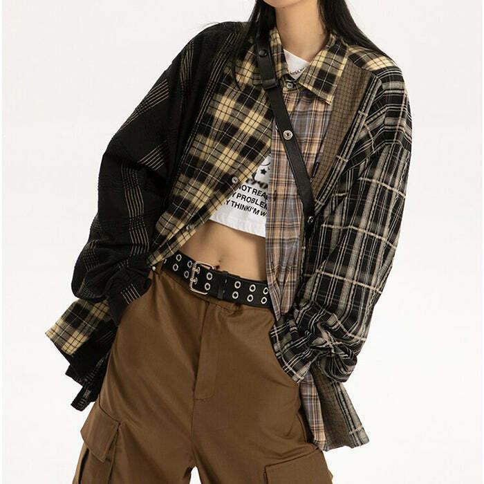 Y2K Grunge Plaid Oversized Shirt - Retro 90s Fashion, Summer Y2K Outfits, Goth