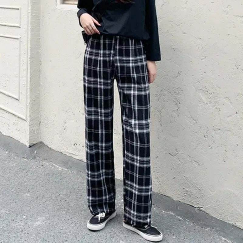 Y2K Grunge Plaid Oversized Wide Leg Pants - Retro 90s Fashion, Summer Y2K Outfits