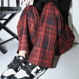 Y2K Grunge Plaid Pants in Red - 90s Fashion, Retro Style, Y2K Summer Outfits