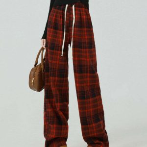 Y2K Grunge Plaid Pants in Red - 90s Fashion, Retro Style, Y2K Summer Outfits