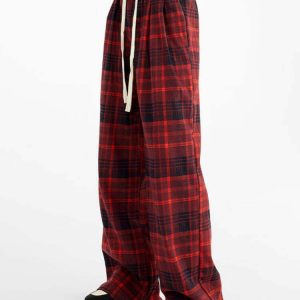 Y2K Grunge Plaid Pants in Red - 90s Fashion, Retro Style, Y2K Summer Outfits