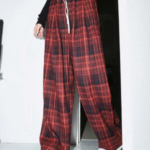 Y2K Grunge Plaid Pants in Red - 90s Fashion, Retro Style, Y2K Summer Outfits