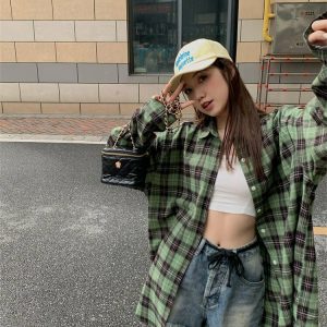 Y2K Grunge Plaid Shirt - Retro 90s Fashion, Summer Y2K Outfits, Gothic Y2