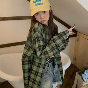 Y2K Grunge Plaid Shirt - Retro 90s Fashion, Summer Y2K Outfits, Gothic Y2