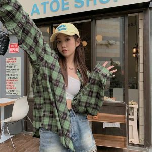 Y2K Grunge Plaid Shirt - Retro 90s Fashion, Summer Y2K Outfits, Gothic Y2