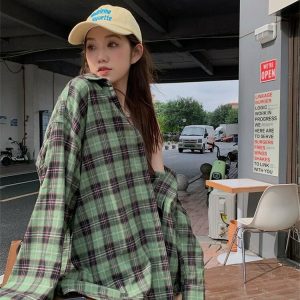 Y2K Grunge Plaid Shirt - Retro 90s Fashion, Summer Y2K Outfits, Gothic Y2