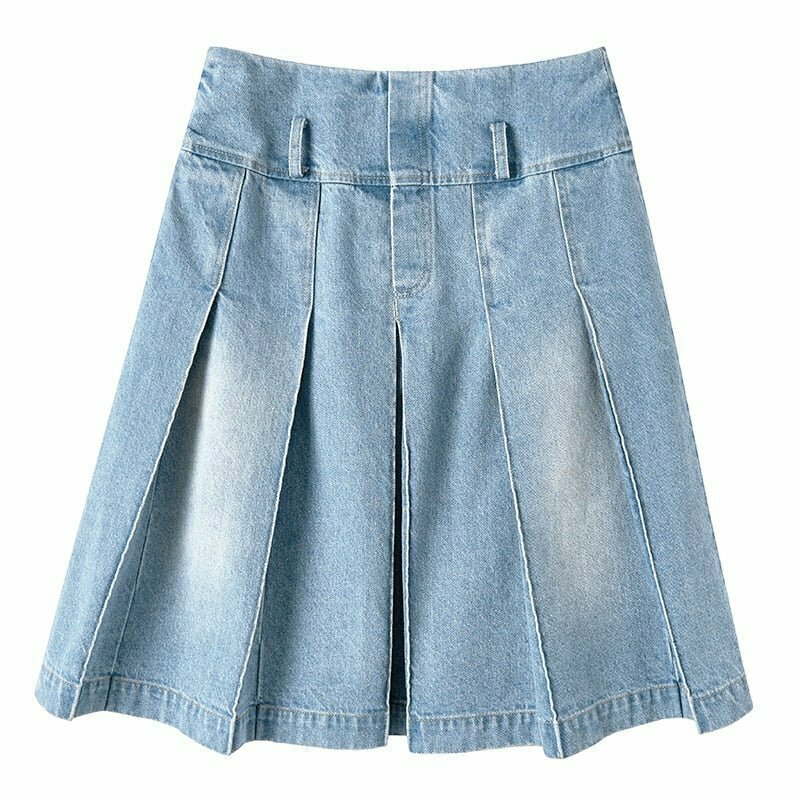 Y2K Grunge Pleated Midi Long Denim Skirt - Retro 90s Fashion, Summer Y2K Outfits