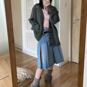 Y2K Grunge Pleated Midi Long Denim Skirt - Retro 90s Fashion, Summer Y2K Outfits