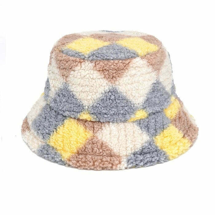 Y2K Grunge Preppy Argyle Fuzzy Bucket Hat - 90s Retro Summer Fashion Accessory