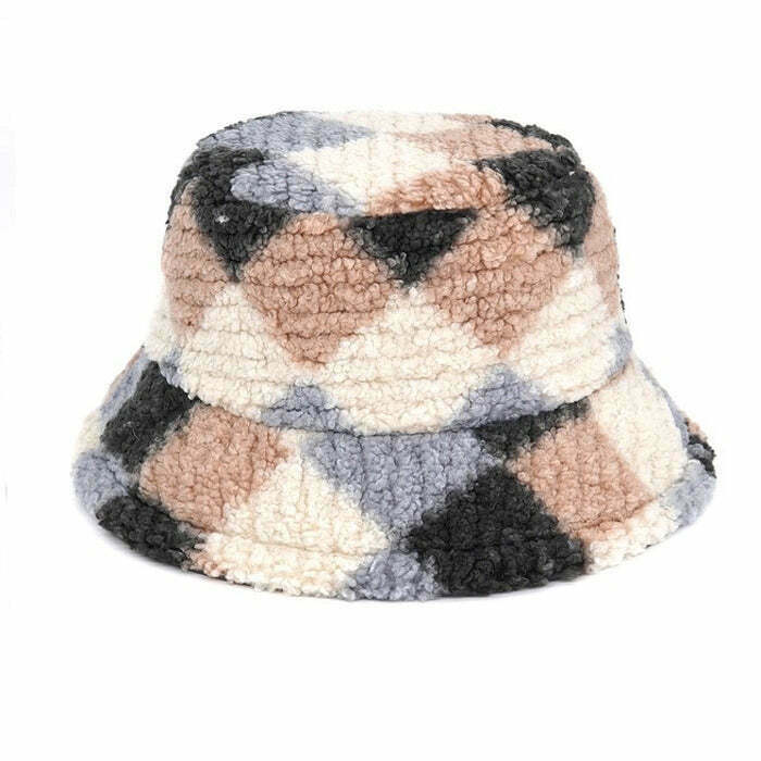 Y2K Grunge Preppy Argyle Fuzzy Bucket Hat - 90s Retro Summer Fashion Accessory