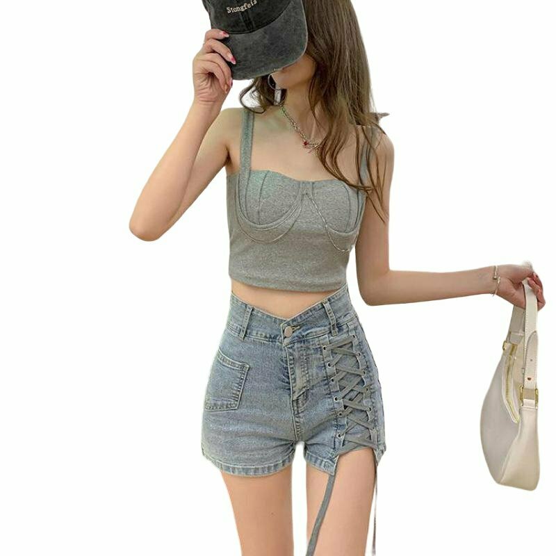 Y2K Grunge Preppy Bandage Denim Shorts - 90s Retro Summer Outfit for Women