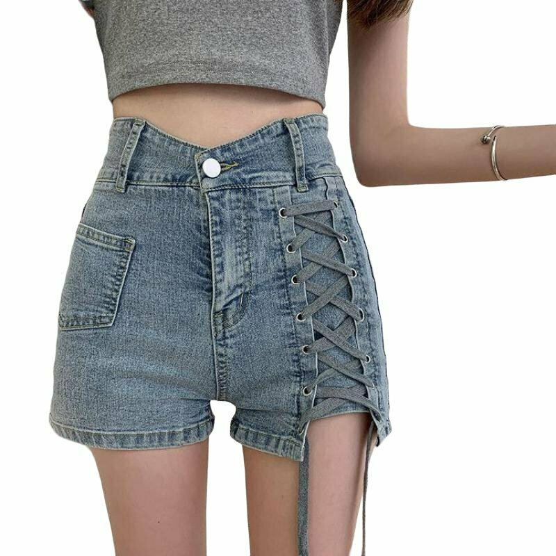 Y2K Grunge Preppy Bandage Denim Shorts - 90s Retro Summer Outfit for Women