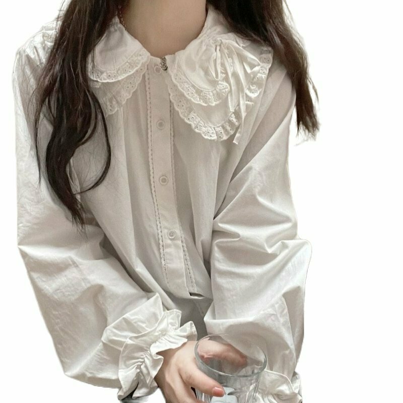 Y2K Grunge Preppy Lace Button Up Blouse - 90s Retro Summer Outfit, Gothic Y2K Style