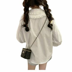 Y2K Grunge Preppy Lace Button Up Blouse - 90s Retro Summer Outfit, Gothic Y2K Style