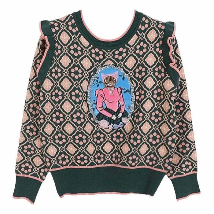 Y2K Grunge Princess Cat Knit Pullover - Retro 90s Fashion, Summer Y2K Outfits, Past