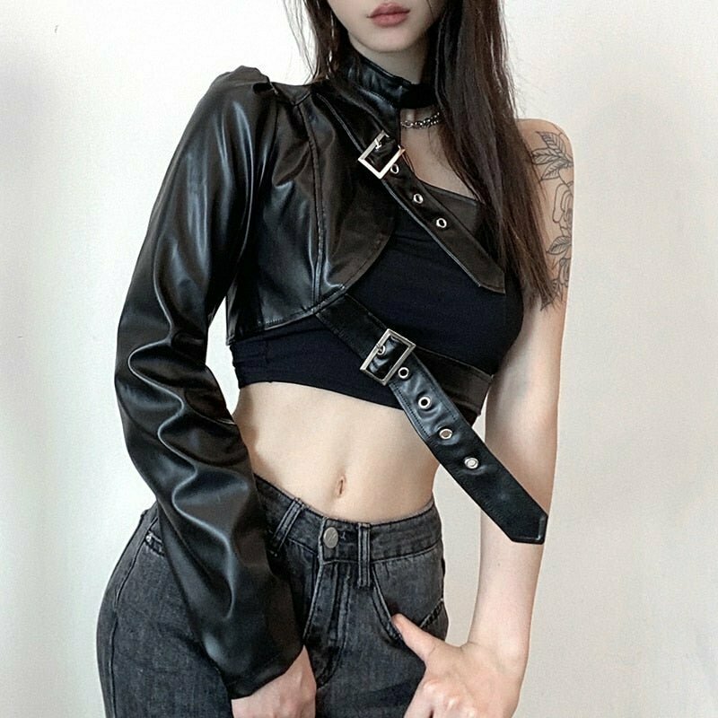 Y2K Grunge PU Leather One Shoulder Punk Crop Top - Retro 90s Fashion, Summer Y2K Outfits