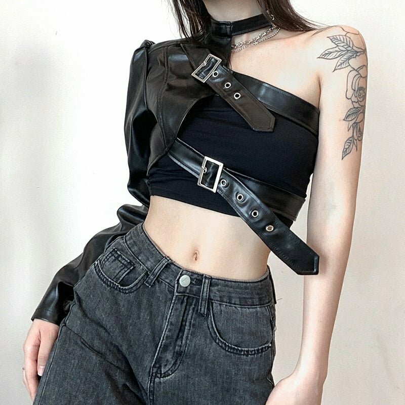 Y2K Grunge PU Leather One Shoulder Punk Crop Top - Retro 90s Fashion, Summer Y2K Outfits