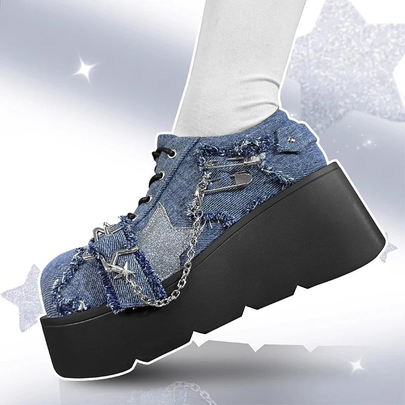 Y2K Grunge Punk Chain Denim Boots - Retro 90s Fashion, Y2K Summer & Party Outfits