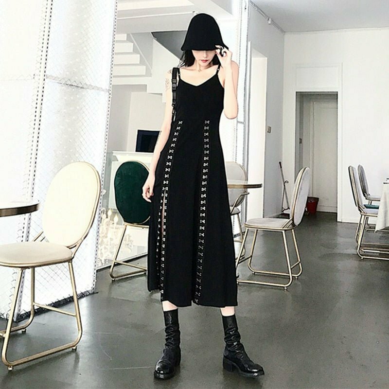 Y2K Grunge Punk & Goth Metal Buckles Dress - Retro 90s Fashion, Summer Party Outfit