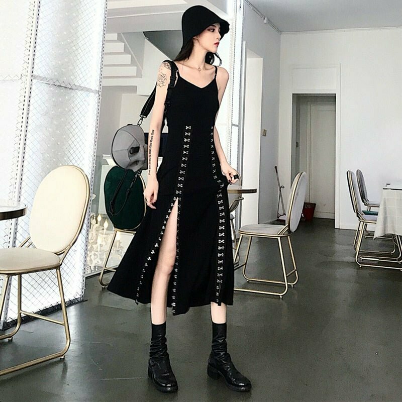 Y2K Grunge Punk & Goth Metal Buckles Dress - Retro 90s Fashion, Summer Party Outfit