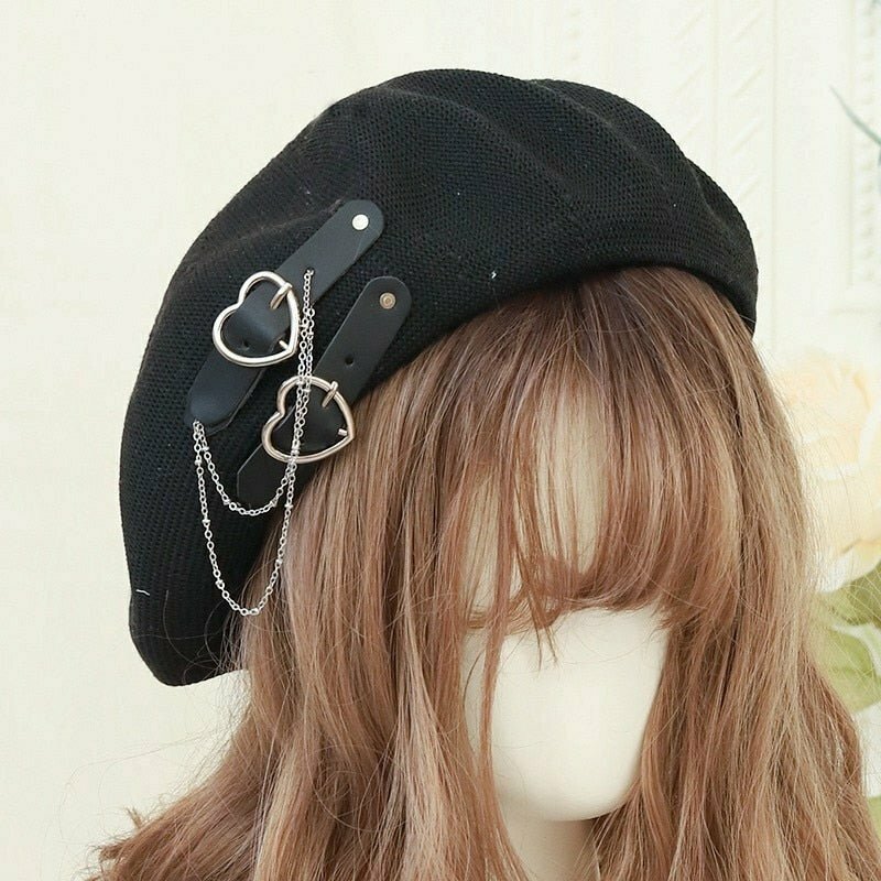 Y2K Grunge Punk Heart Beret Hat - Retro 90s Fashion, Gothic Y2K, Summer Y2