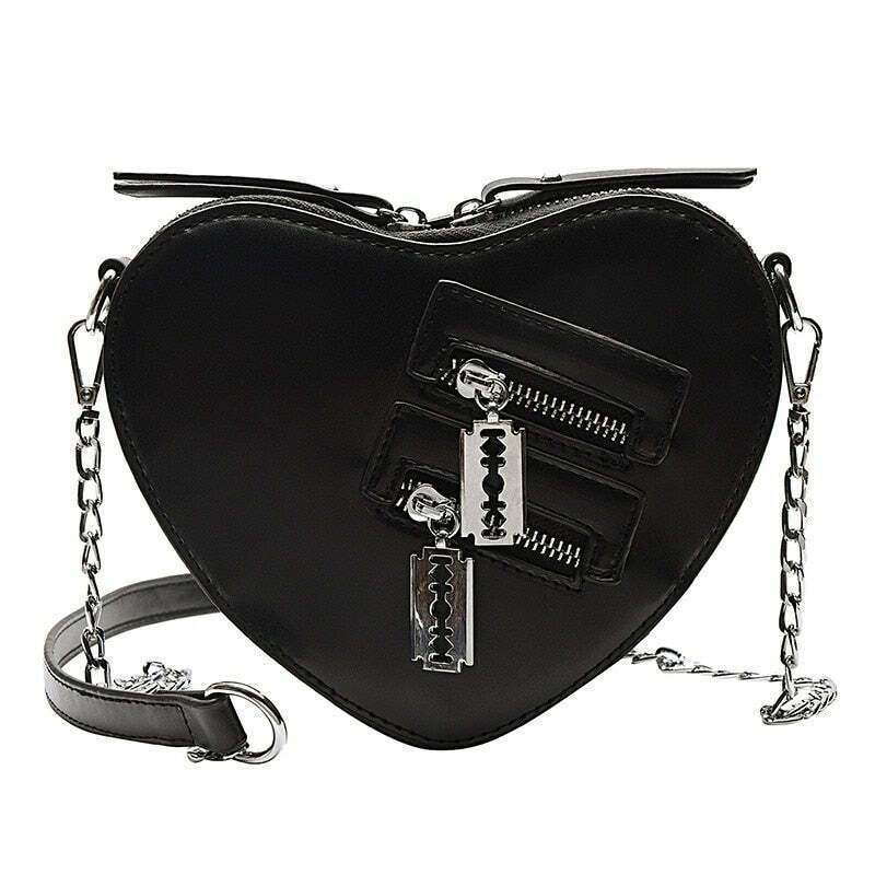 Y2K Grunge Punk Heart Blade Zipper Chain Bag - 90s Retro Goth Fashion Accessory