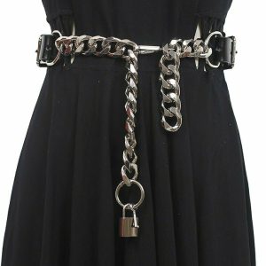 Y2K Grunge Punk PU Leather Metal Chain Belt - Retro 90s Fashion, Gothic Y2K, Club Out