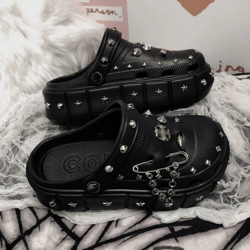 Y2K Grunge Punk Rivet Platform Slippers - Retro 90s Summer Outfits & Gothic Y2K Fashion