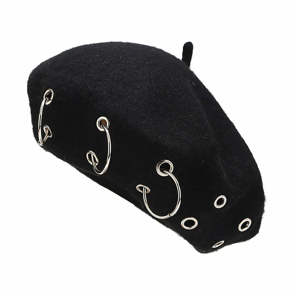 Y2K Grunge Punk Rock Iron Ring Beret - Retro 90s Fashion, Gothic Y2K, Summer Out