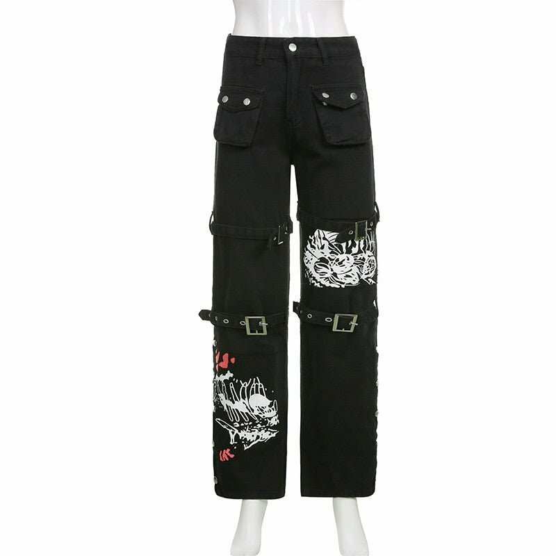 Y2K Grunge & Punk Skull Print Pants - 90s Fashion, Retro Style, Y2K Summer Outfits