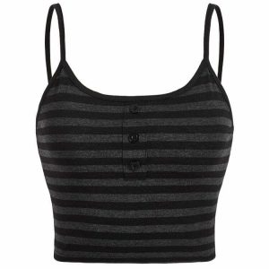 Y2K Grunge Punk Striped Button Cami Crop Top - Retro 90s Summer Outfit for Women