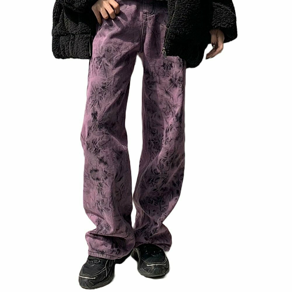 Y2K Grunge Purple Tie-Dye Jeans - Retro 90s Fashion, Summer Y2K Outfits, Gothic