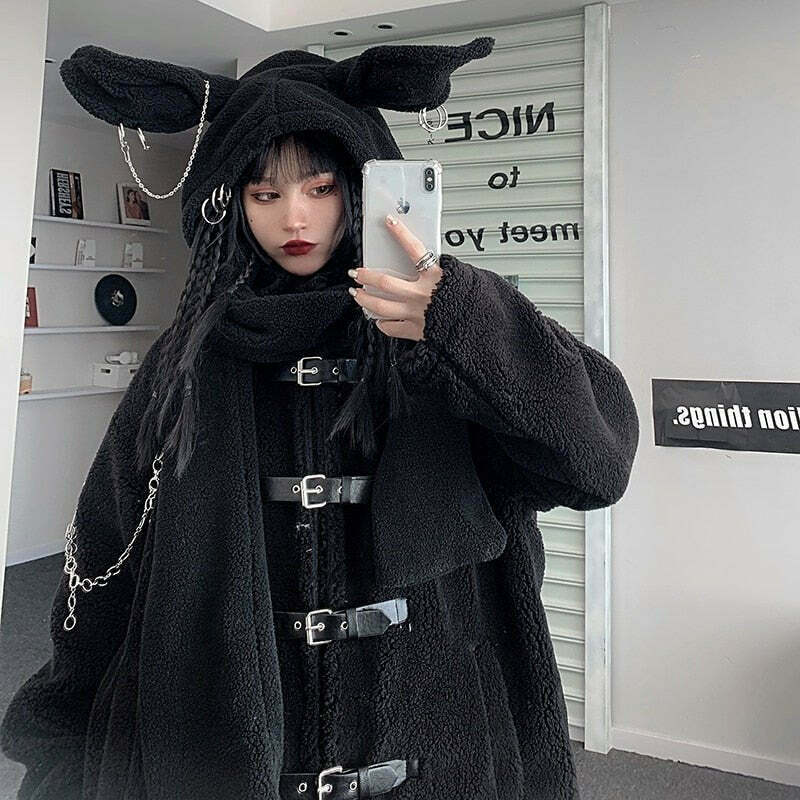 Y2K Grunge Rabbit Ear Cap Chain Hoodie - 90s Retro Summer Outfit, Pastel Goth Style