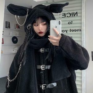 Y2K Grunge Rabbit Ear Cap Chain Hoodie - 90s Retro Summer Outfit, Pastel Goth Style