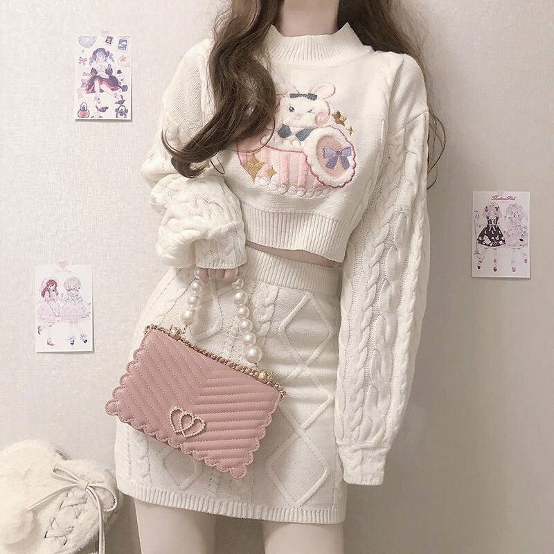 Y2K Grunge Rabbit Embroidery Knitted Sweater & Skirt Set - 90s Retro Summer Outfit