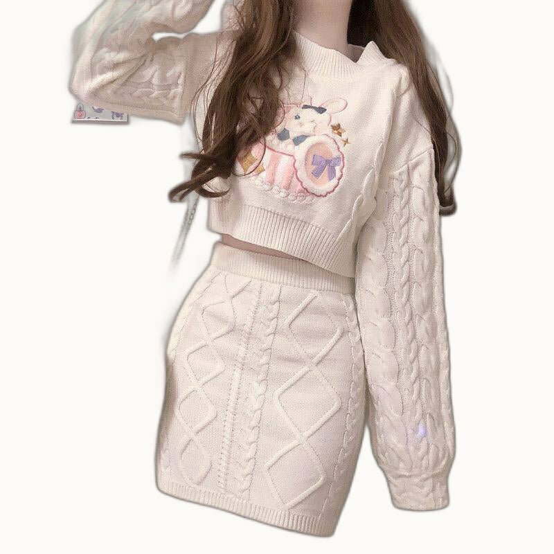 Y2K Grunge Rabbit Embroidery Knitted Sweater & Skirt Set - 90s Retro Summer Outfit